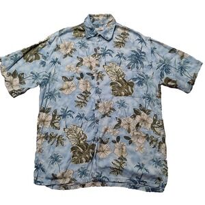 CAMPIA‎ MODA Men Medium Blue Floral Tropical 100% Rayon Hawaiian Shirt
